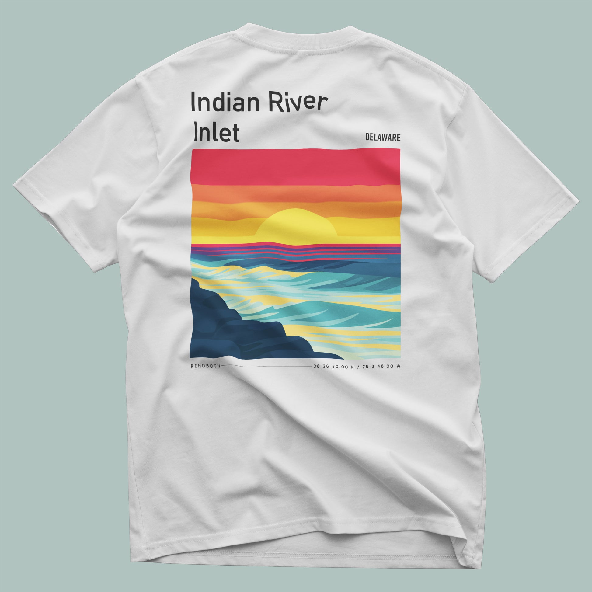 Indian River Inlet Surf T-Shirt | Delaware Coast Wave Art Tee — design printed on the back of the t-shirt