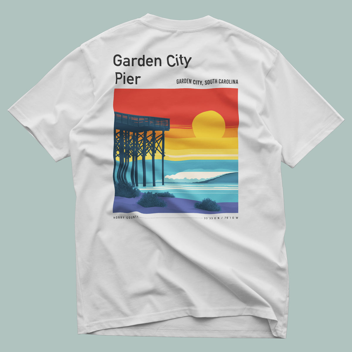 Garden City Pier Surf T-Shirt | Low Country Wave Art Tee — design printed on the back of the t-shirt