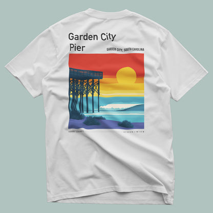 Garden City Pier Surf T-Shirt | Low Country Wave Art Tee — design printed on the back of the t-shirt