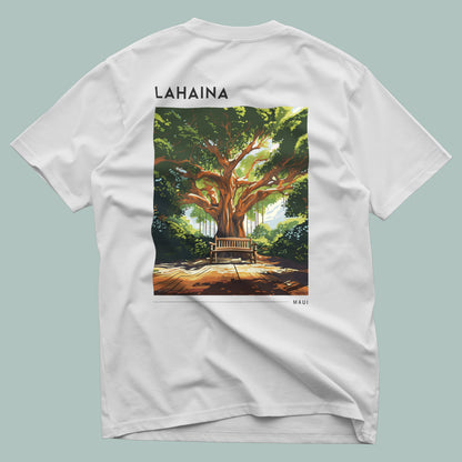 Lahaina, Maui Travel T-Shirt | Old Town Aloha Spirit Tee — design printed on the back of the t-shirt