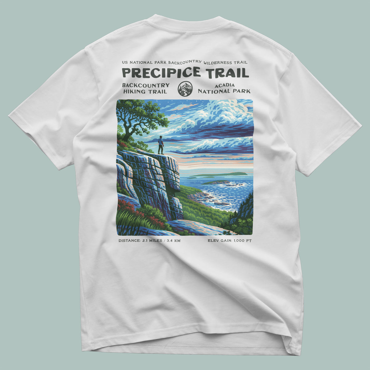 Precipice Trail Hiking T-Shirt | Hiker Gift | Acadia's Boldest Climb — design printed on the back of the t-shirt