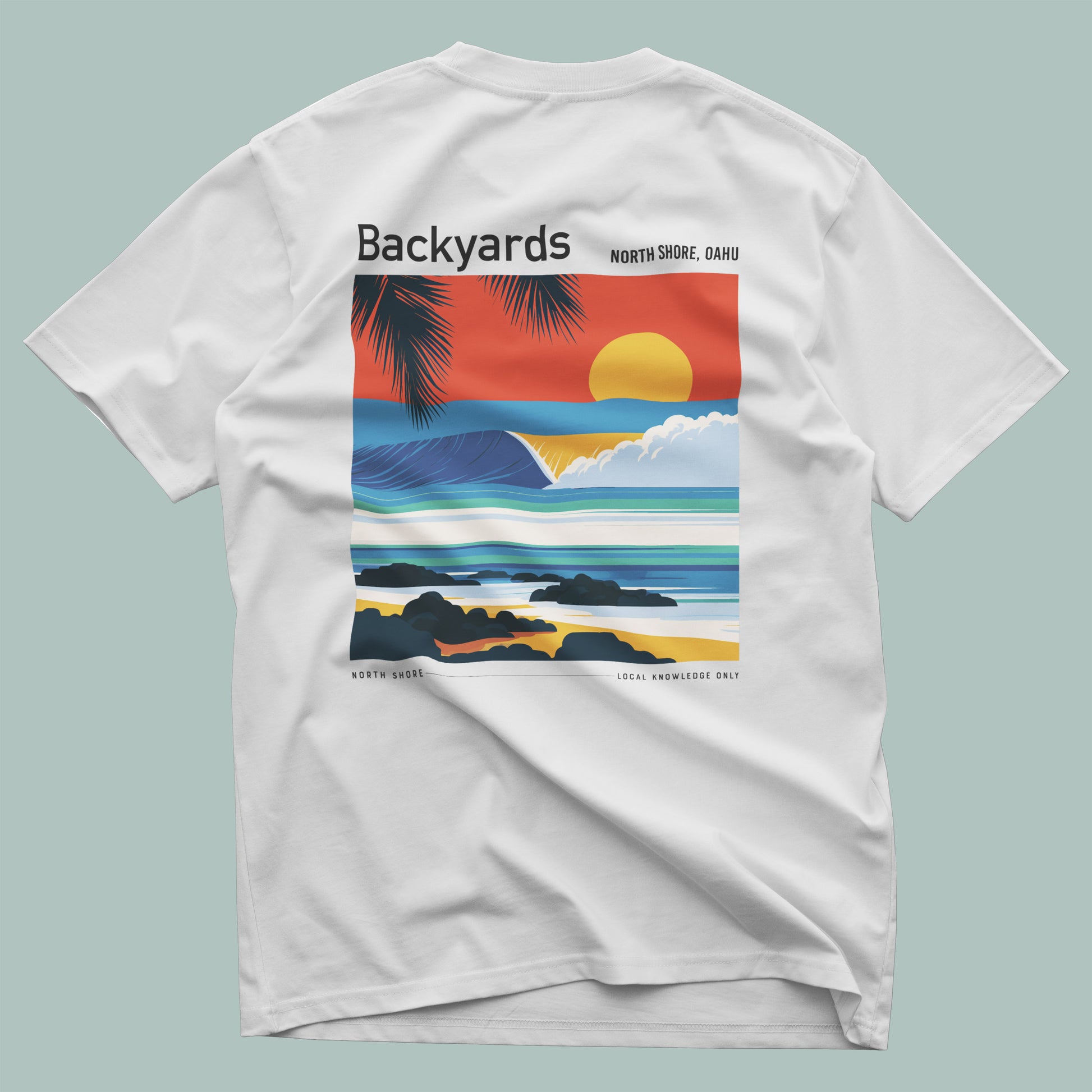 Backyards Surf T-Shirt | Hawaiian North Shore Wave Tee — design printed on the back of the t-shirt
