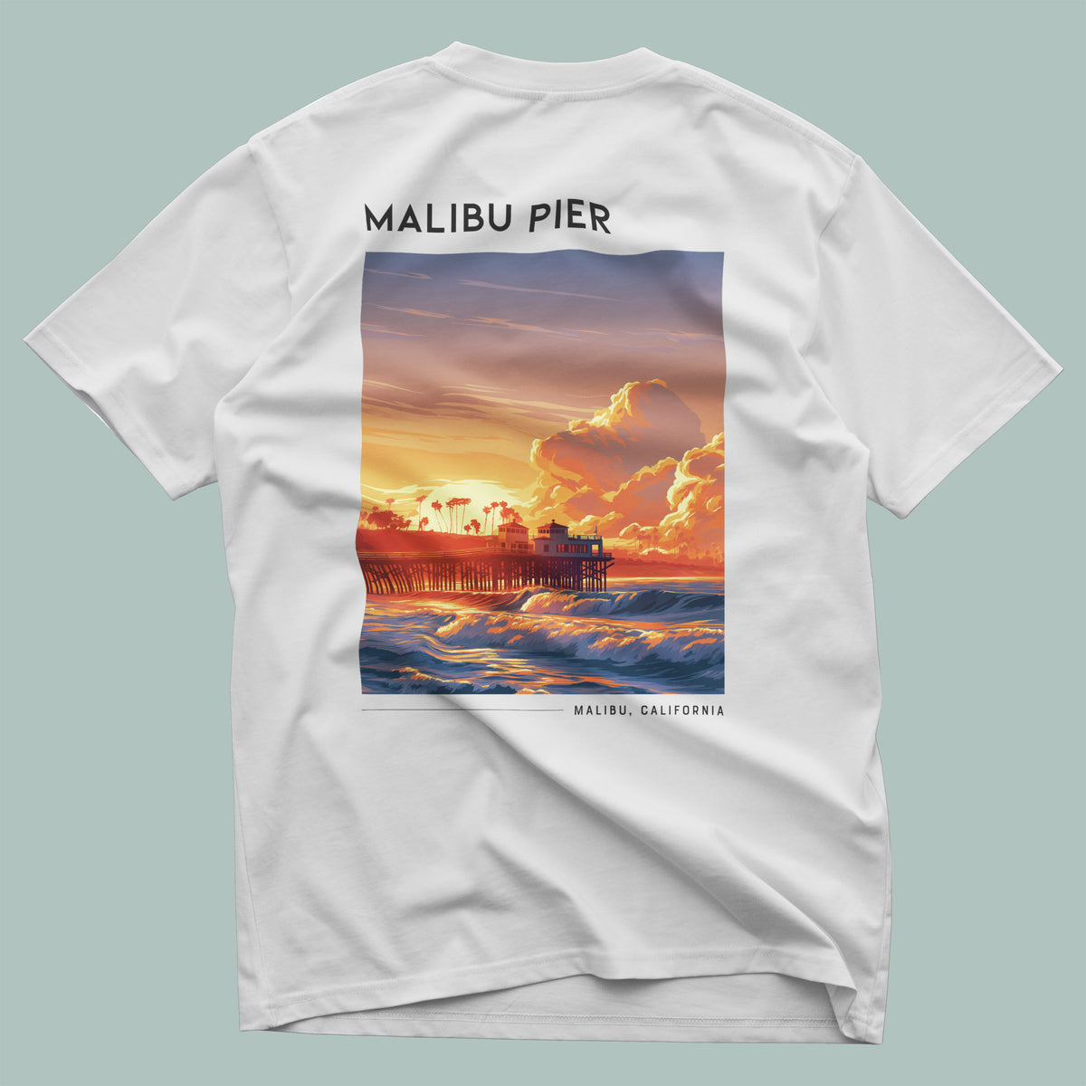 Malibu Pier Travel T-Shirt | Sun-Soaked California Coast Tee — design printed on the back of the t-shirt