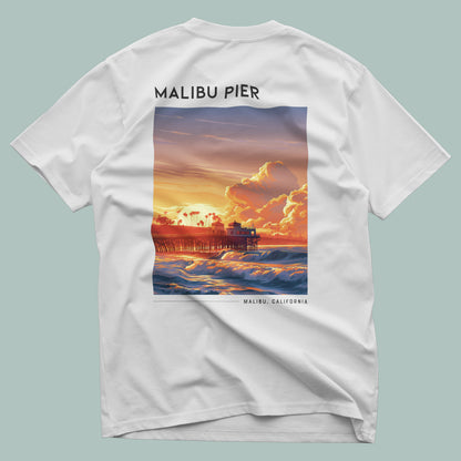 Malibu Pier Travel T-Shirt | Sun-Soaked California Coast Tee — design printed on the back of the t-shirt