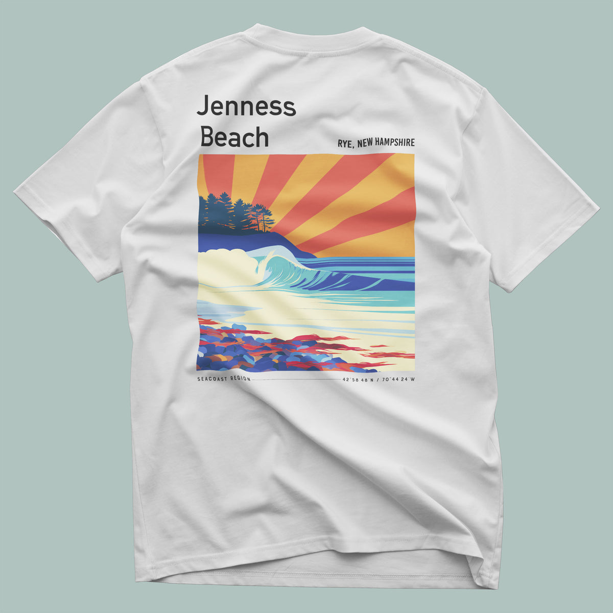 Jenness Beach Surf T-Shirt | New Hampshire Coastal Wave Tee — design printed on the back of the t-shirt