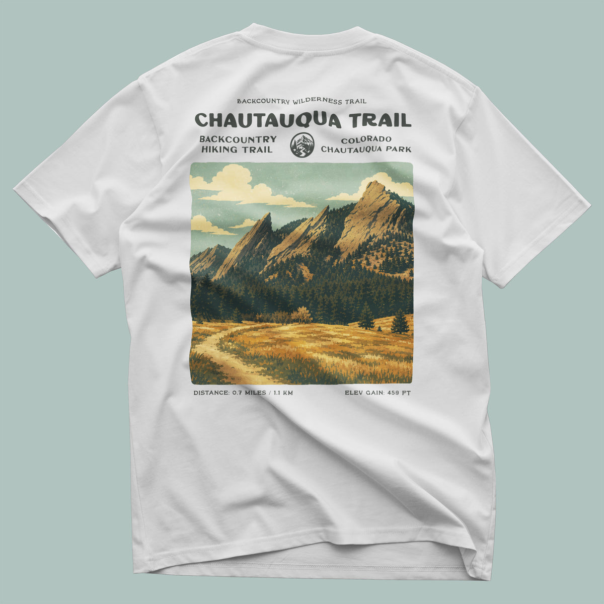 Chautauqua Trail Hiking T-Shirt | Hiker Gift | Boulder Colorado Trail Tee — design printed on the back of the t-shirt