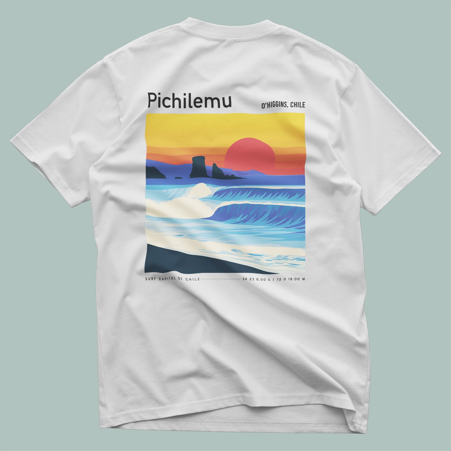 Pichilemu Surf T-Shirt | Chilean Wave Art Tee — design printed on the back of the t-shirt
