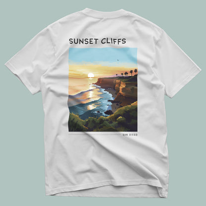 Sunset Cliffs Travel T-Shirt | San Diego Coastal Art Tee — design printed on the back of the t-shirt