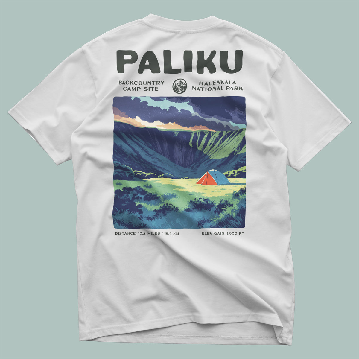 Paliku Hiking T-Shirt | Hiker Gift | Haleakala Backcountry Tee — design printed on the back of the t-shirt