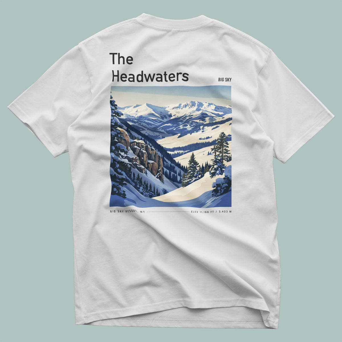 The Headwaters Ski T-Shirt | Big Sky Mountain Art Tee — design printed on the back of the t-shirt