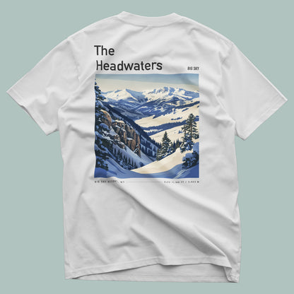 The Headwaters Ski T-Shirt | Big Sky Mountain Art Tee — design printed on the back of the t-shirt