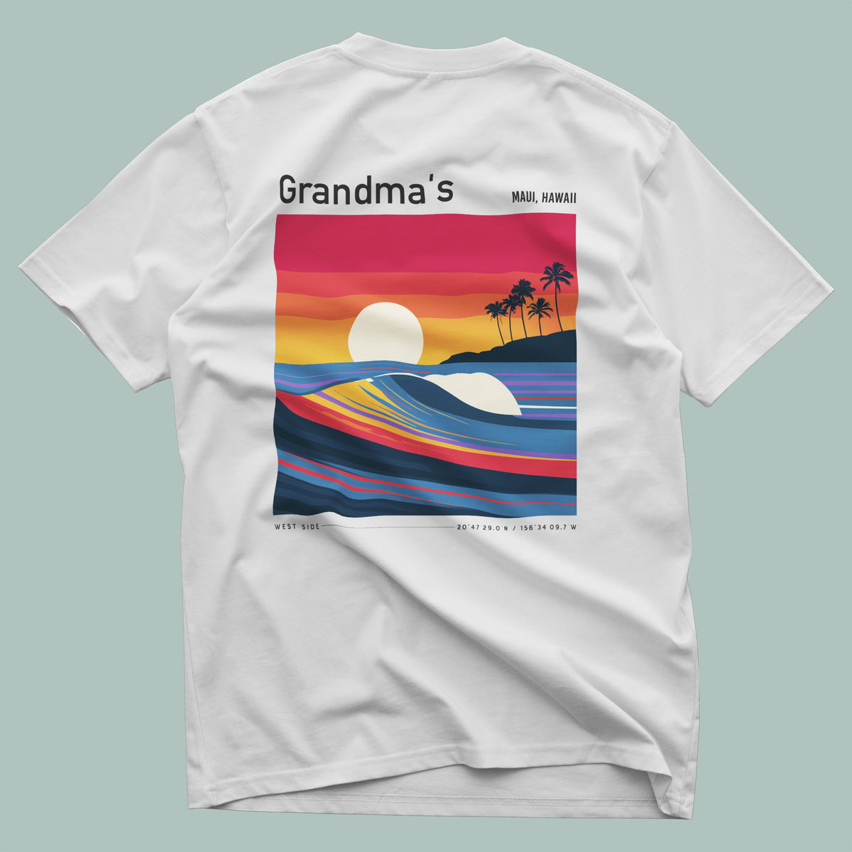 Grandma's Surf T-Shirt | Gentle Waves, Wild Soul — design printed on the back of the t-shirt