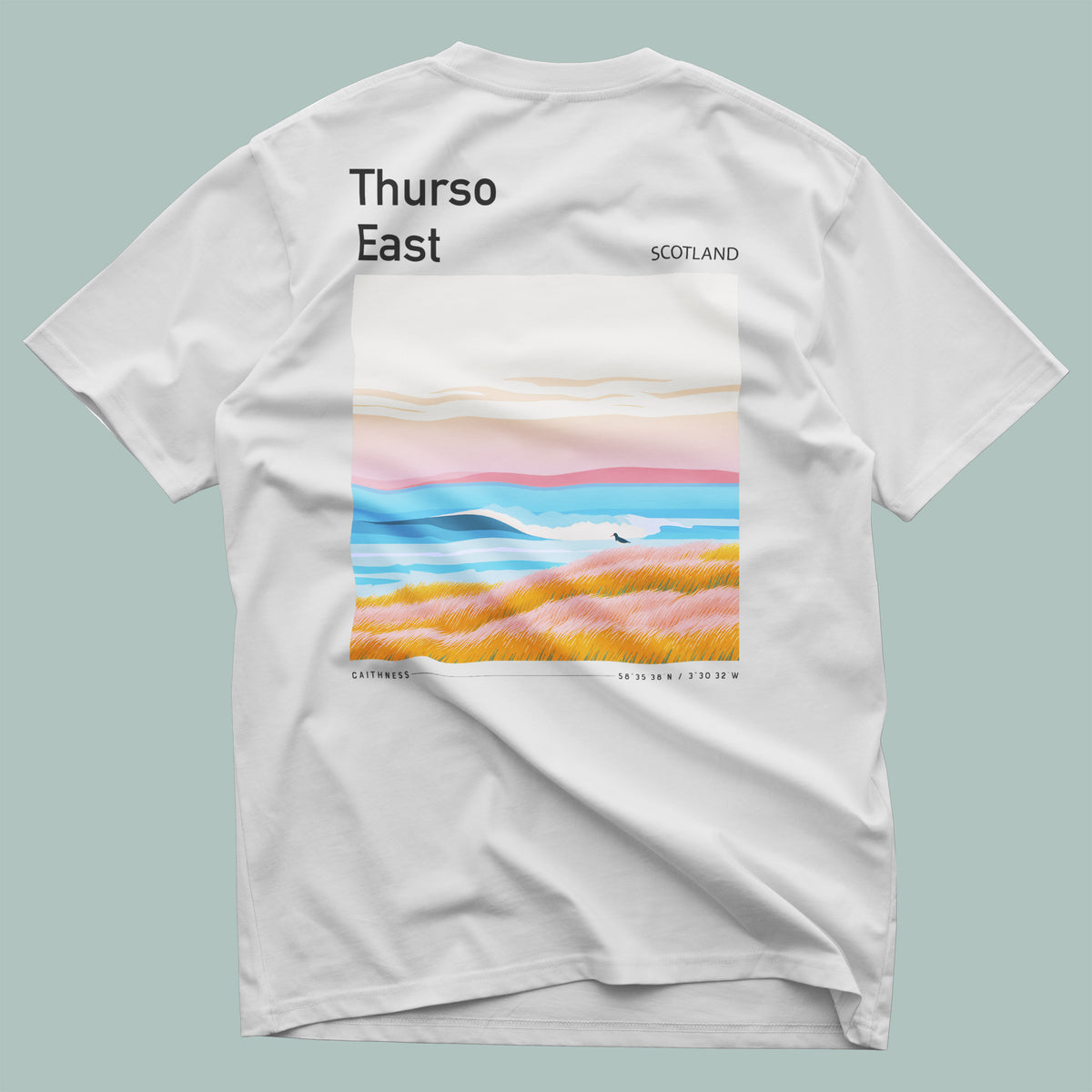Thurso East Surf T-Shirt | Wild North Atlantic Wave Art — design printed on the back of the t-shirt