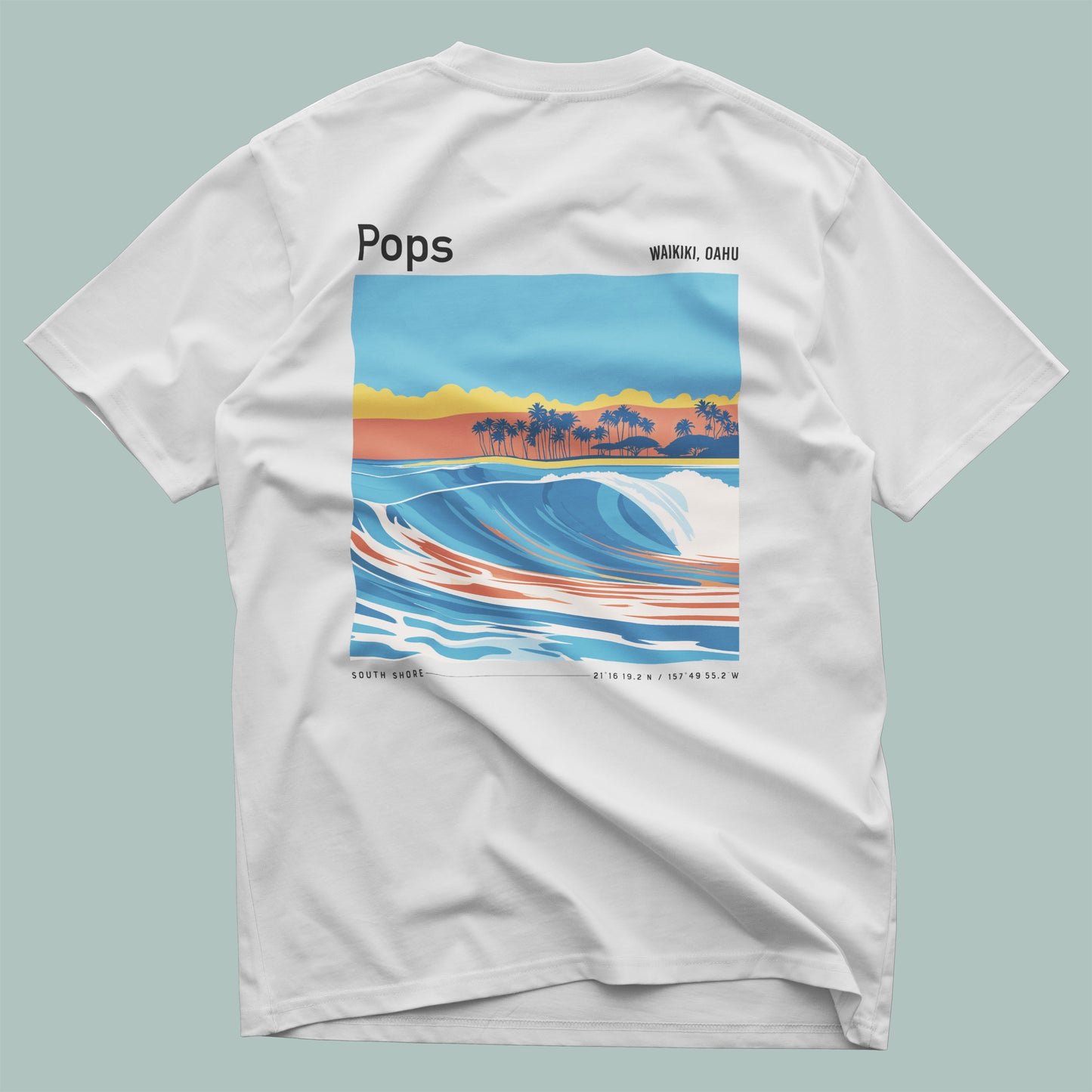 Populars, Hawaii Surf T-Shirt | Warm Walls, Island Soul — design printed on the back of the t-shirt