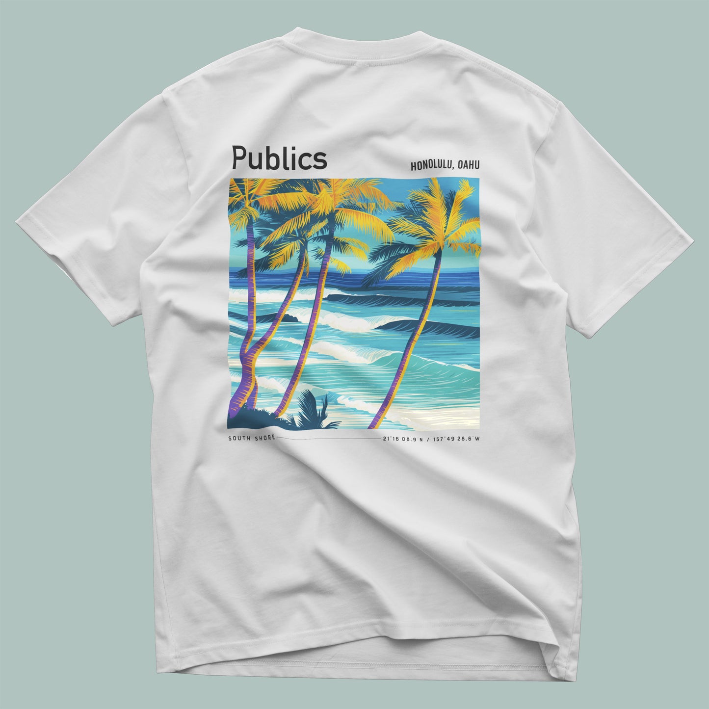 Publics, Hawaii Surf T-Shirt | Waikiki Wave Culture Tee — design printed on the back of the t-shirt