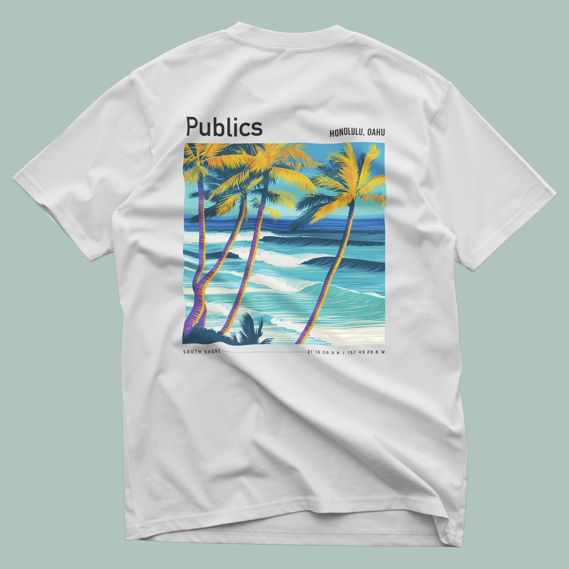Publics, Hawaii Surf T-Shirt | Waikiki Wave Culture Tee — design printed on the back of the t-shirt