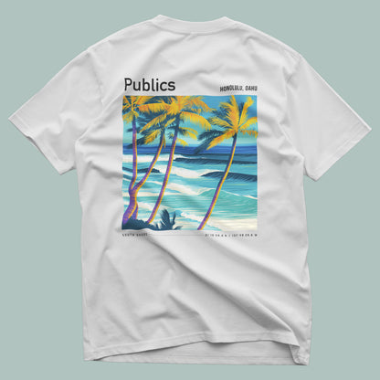 Publics, Hawaii Surf T-Shirt | Waikiki Wave Culture Tee — design printed on the back of the t-shirt