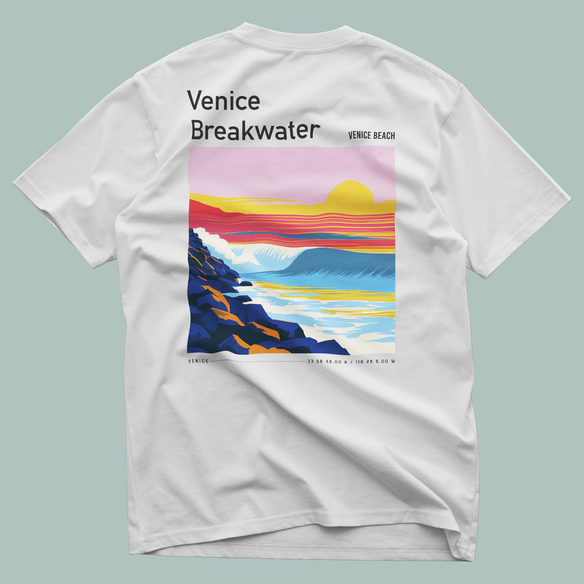 Venice Breakwater Surf T-Shirt | Laid-Back LA Wave Art — design printed on the back of the t-shirt