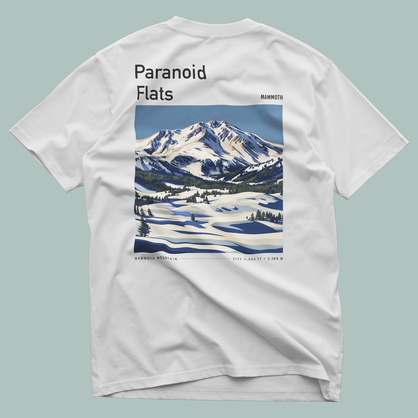 Paranoid Flats Ski T-Shirt | Mammoth Mountain Art Tee — design printed on the back of the t-shirt