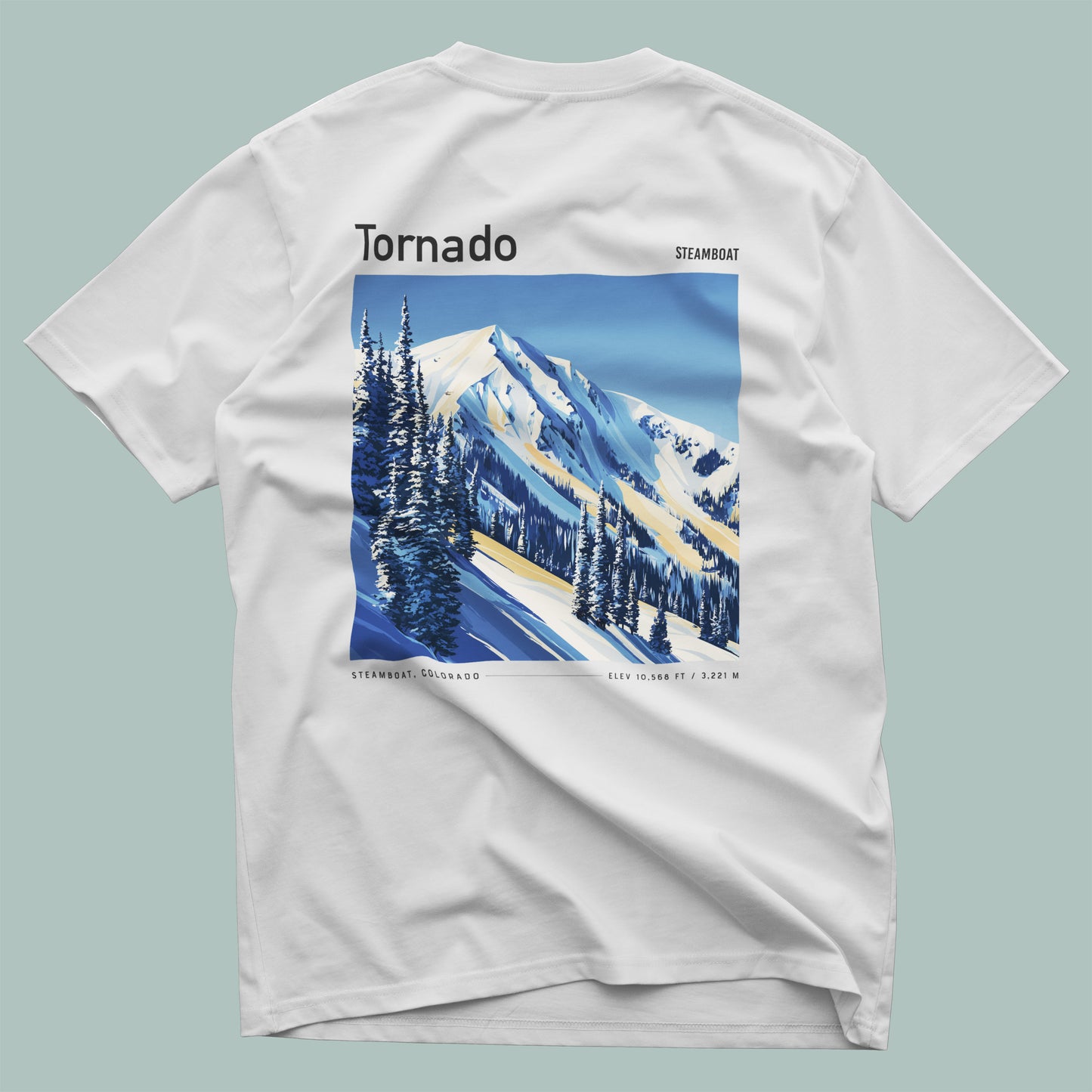 Tornado Steamboat Ski T-Shirt | Steamboat Springs Mountain Art Tee — design printed on the back of the t-shirt