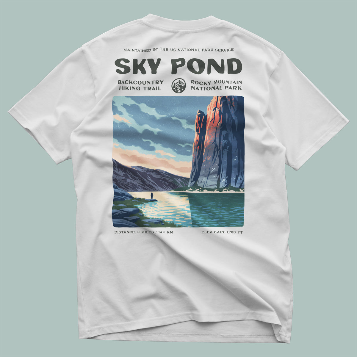 Sky Pond Hiking T-Shirt | Hiker Gift | Rocky Mountain Trail Tee — design printed on the back of the t-shirt