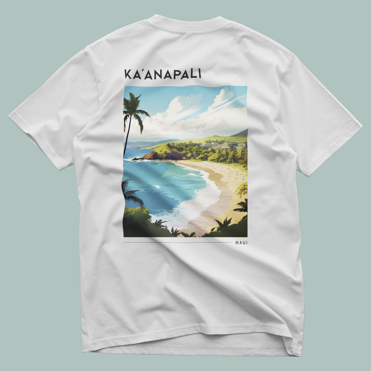 Ka'anapali, Maui Travel T-Shirt | Golden Shore Aloha Art Tee — design printed on the back of the t-shirt