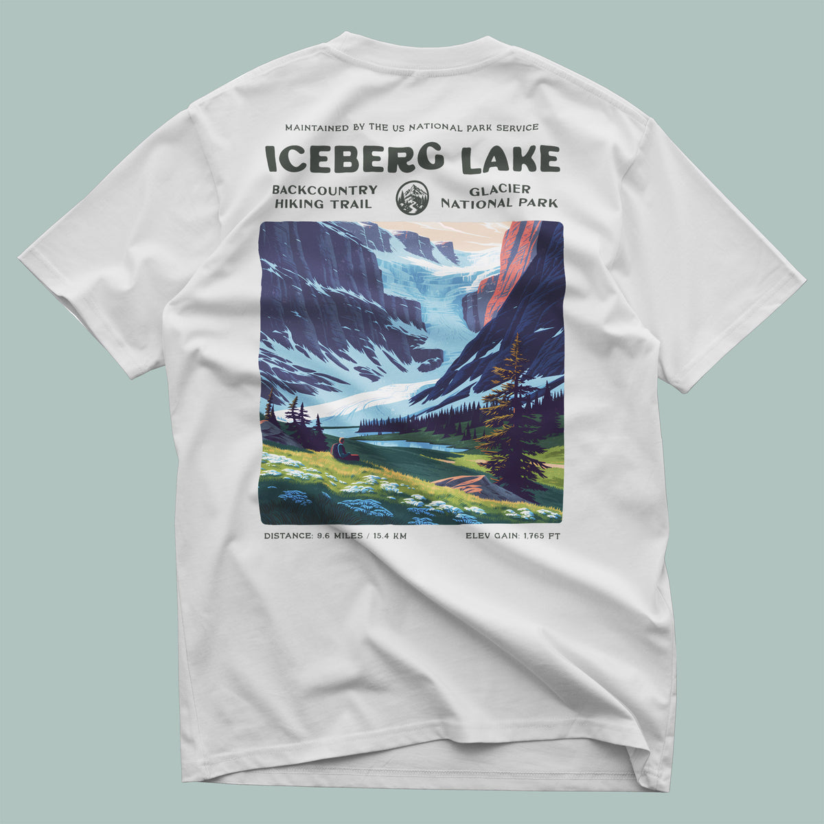 Iceberg Lake Hiking T-Shirt | Hiker Gift | Glacier National Park Tee — design printed on the back of the t-shirt