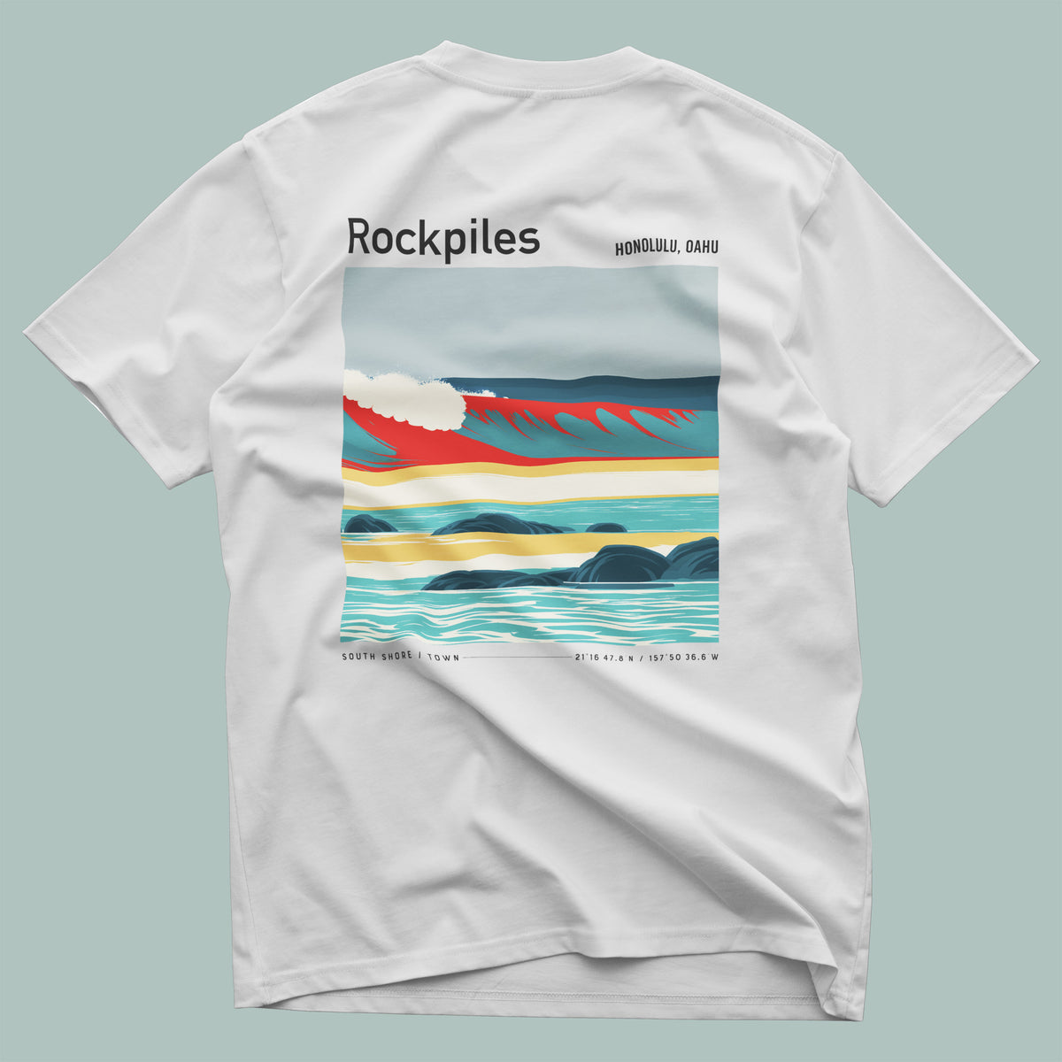 Rockpiles Surf T-Shirt | Raw Hawaiian Reef Wave Tee — design printed on the back of the t-shirt