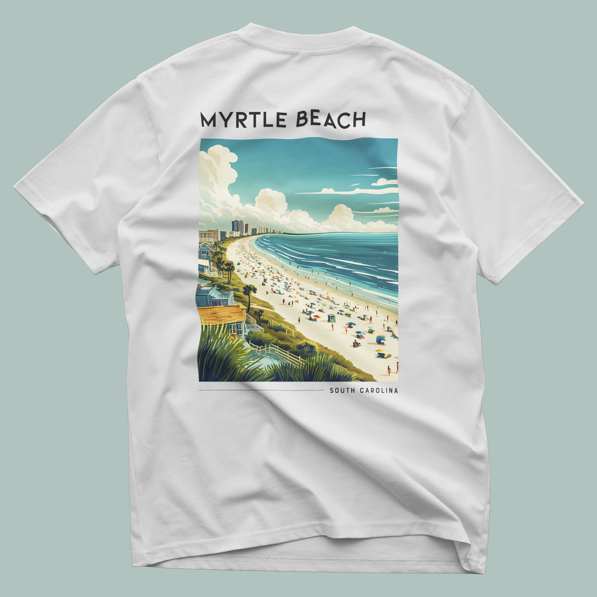 Myrtle Beach Travel T-Shirt | Sun, Sand & Grand Strand — design printed on the back of the t-shirt