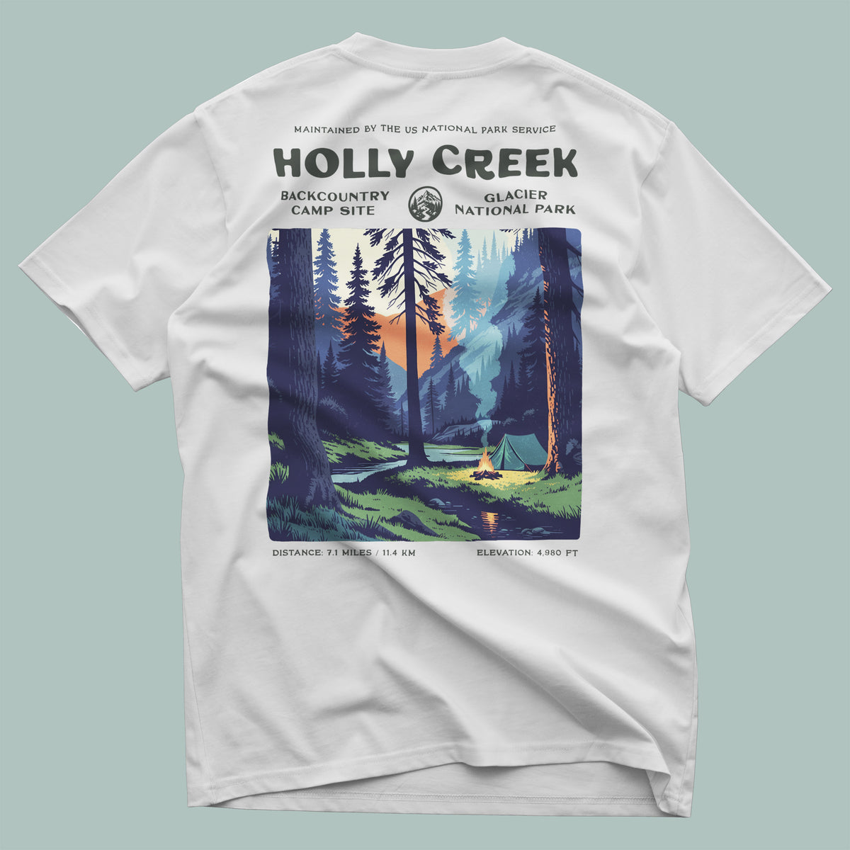 Holly Creek Backcountry Site Hiking T-Shirt | Camper Gift | Glacier Wilderness Trail Tee — design printed on the back of the