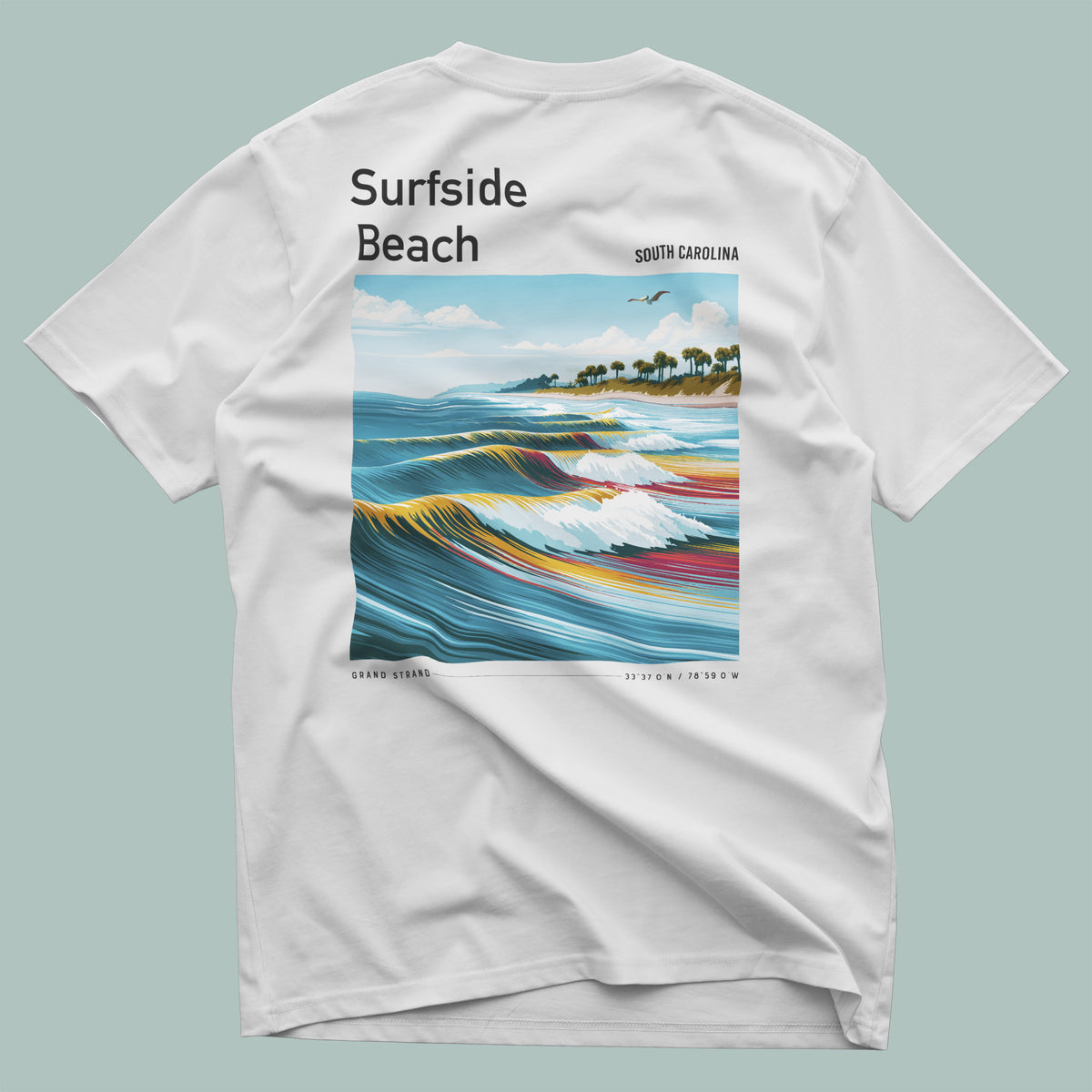 Surfside Beach Surf T-Shirt | South Carolina Shore Wave Tee — design printed on the back of the t-shirt