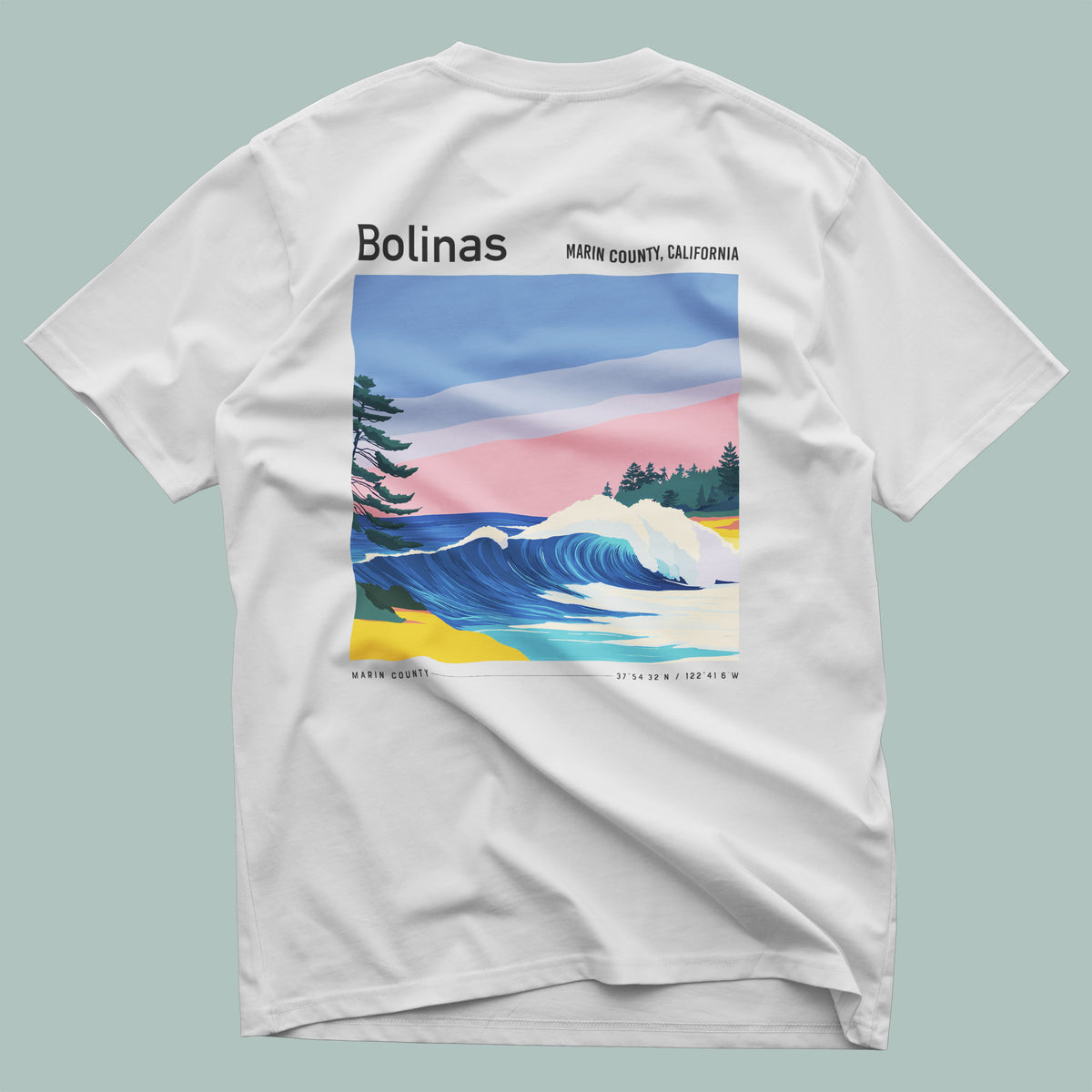 Bolinas Surf T-Shirt | Mellow Waves, Northern California Vibes — design printed on the back of the t-shirt