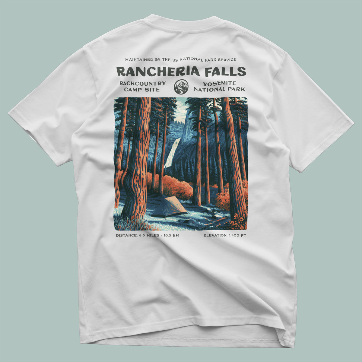 Rancheria Falls Hiking T-Shirt | Hiker Gift | Yosemite Backcountry Trail Tee — design printed on the back of the t-shirt