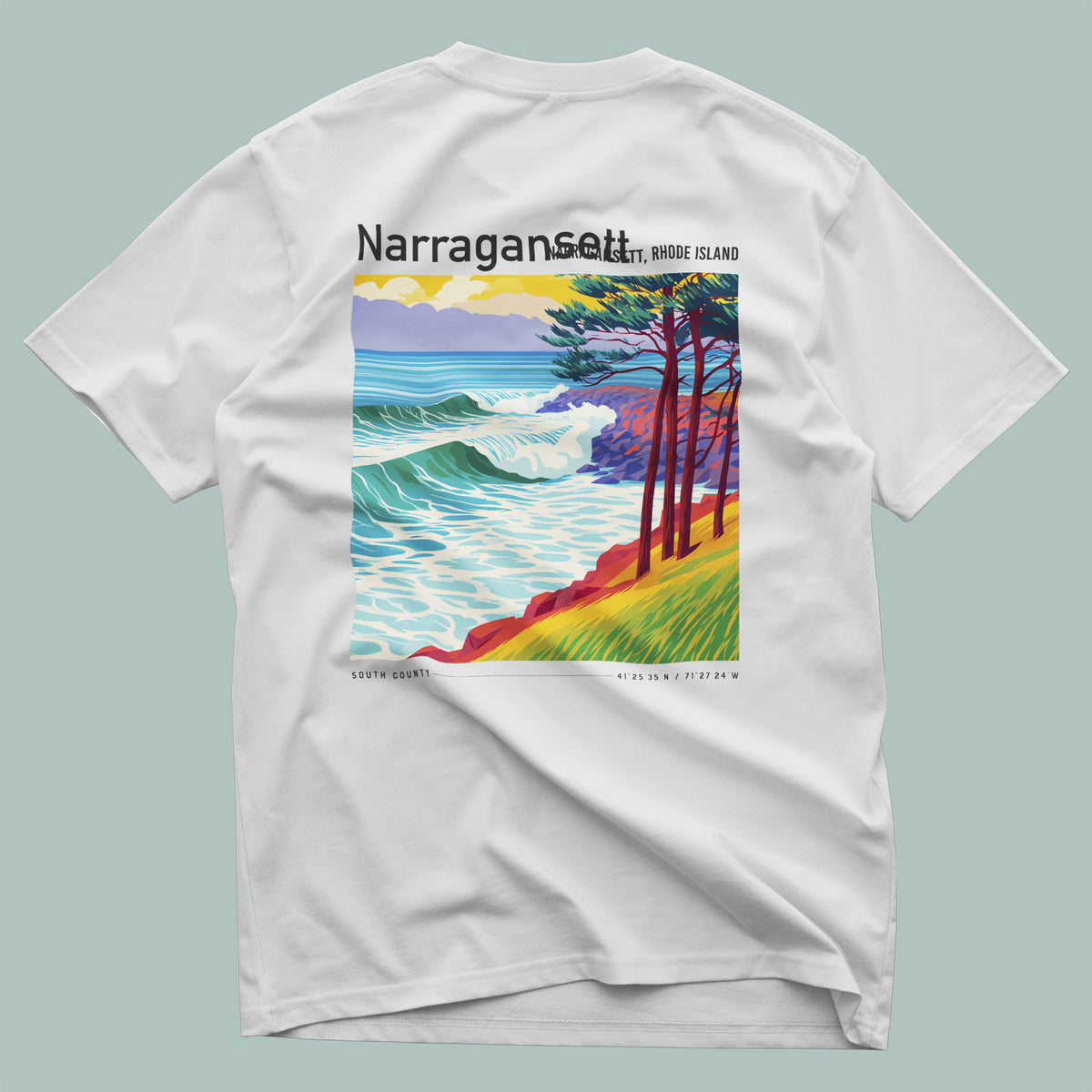 Narragansett Town Beach Surf T-Shirt | Rhode Island Wave Art Tee — design printed on the back of the t-shirt