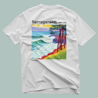 Narragansett Town Beach Surf T-Shirt | Rhode Island Wave Art Tee — design printed on the back of the t-shirt
