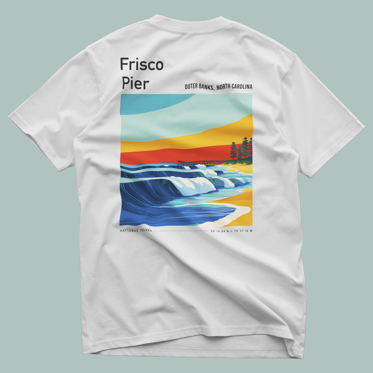Frisco Pier Surf T-Shirt | Outer Banks Wave Art Tee — design printed on the back of the t-shirt