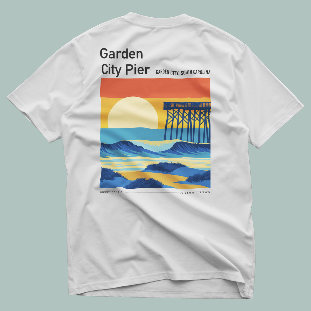 Garden City Pier Surf T-Shirt | Low Country Wave Art Tee — design printed on the back of the t-shirt