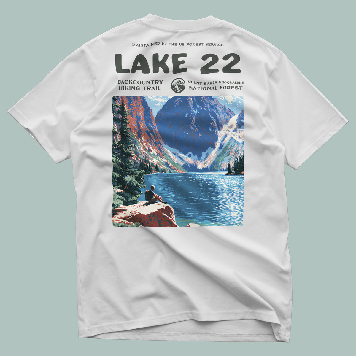 Lake 22 Hiking T-Shirt | Hiker Gift | Alpine Trail Wilderness Tee — design printed on the back of the t-shirt