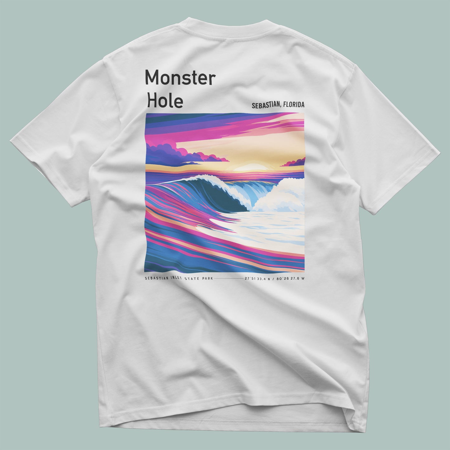 Monster Hole Surf T-Shirt | Florida's Hidden Swell Art — design printed on the back of the t-shirt