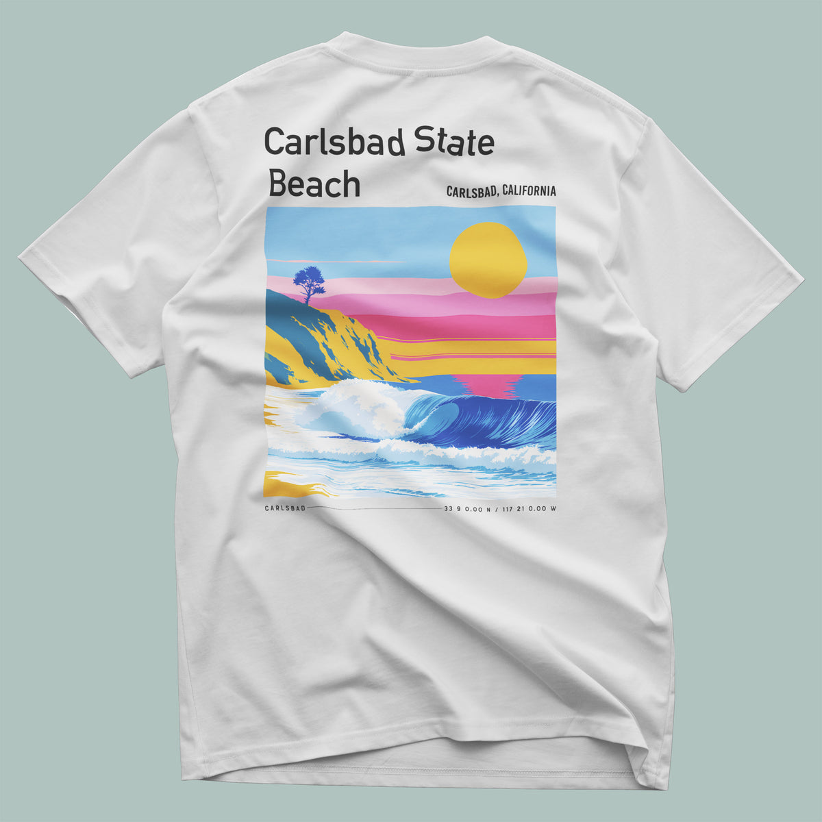Carlsbad State Beach Surf T-Shirt | California Coast Wave Art — design printed on the back of the t-shirt