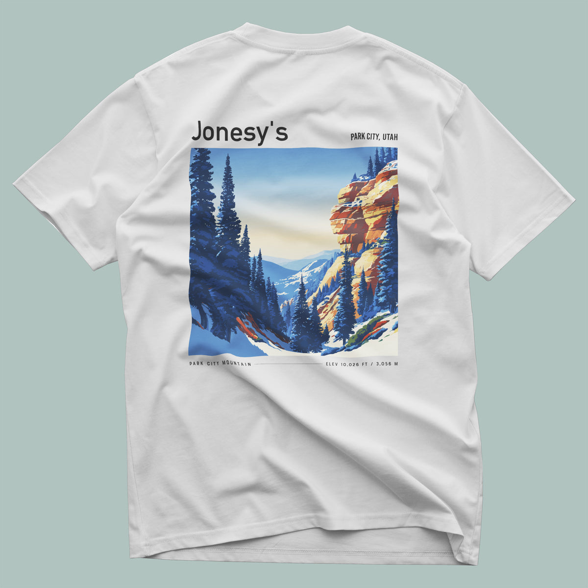 Jonesy's Park City Ski T-Shirt | Utah Mountain Run Art Tee — design printed on the back of the t-shirt