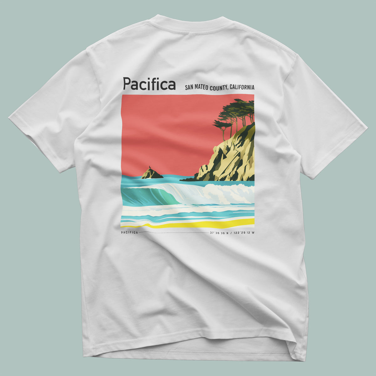 Pacifica Surf T-Shirt | Foggy Coast Wave Art Tee — design printed on the back of the t-shirt