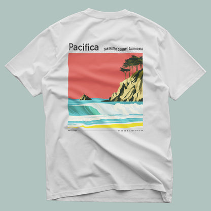 Pacifica Surf T-Shirt | Foggy Coast Wave Art Tee — design printed on the back of the t-shirt