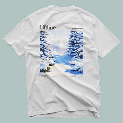Liftline, Stowe Ski T-Shirt | Vermont Mountain Art Tee — design printed on the back of the t-shirt