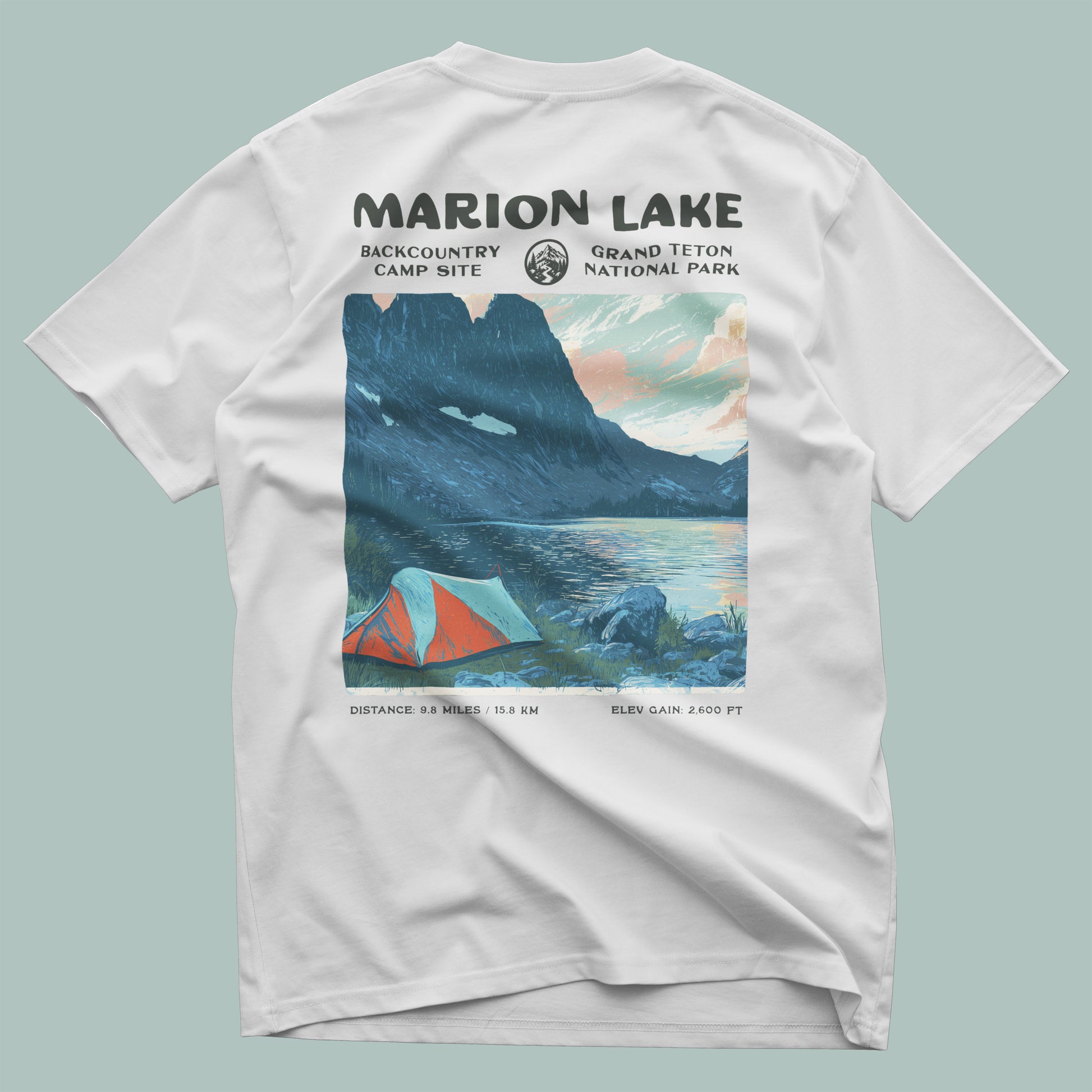 Marion Lake Hiking T-Shirt | Hiker Gift | Teton Backcountry Trail Tee — design printed on the back of the t-shirt