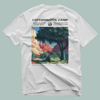 Cottonwood Camp Hiking T-Shirt | Camper Gift | Grand Canyon Backcountry Tee — design printed on the back of the t-shirt