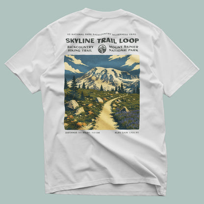 Skyline Trail Loop Hiking T-Shirt | Hiker Gift | Rainier Summit Trail Tee — design printed on the back of the t-shirt