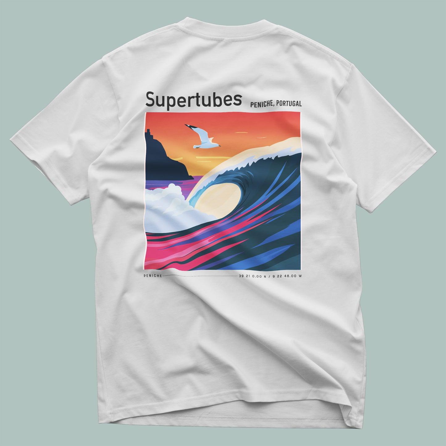 Supertubes Surf T-Shirt | Portuguese Barrel Wave Art Tee — design printed on the back of the t-shirt