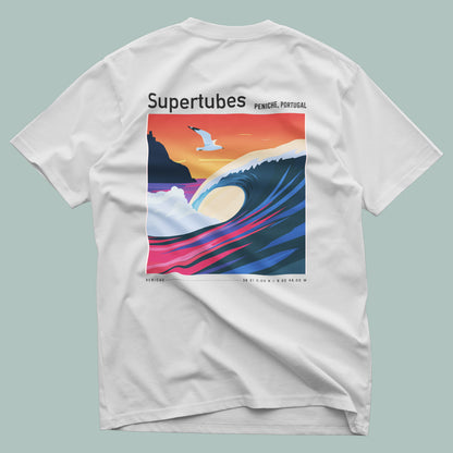 Supertubes Surf T-Shirt | Portuguese Barrel Wave Art Tee — design printed on the back of the t-shirt