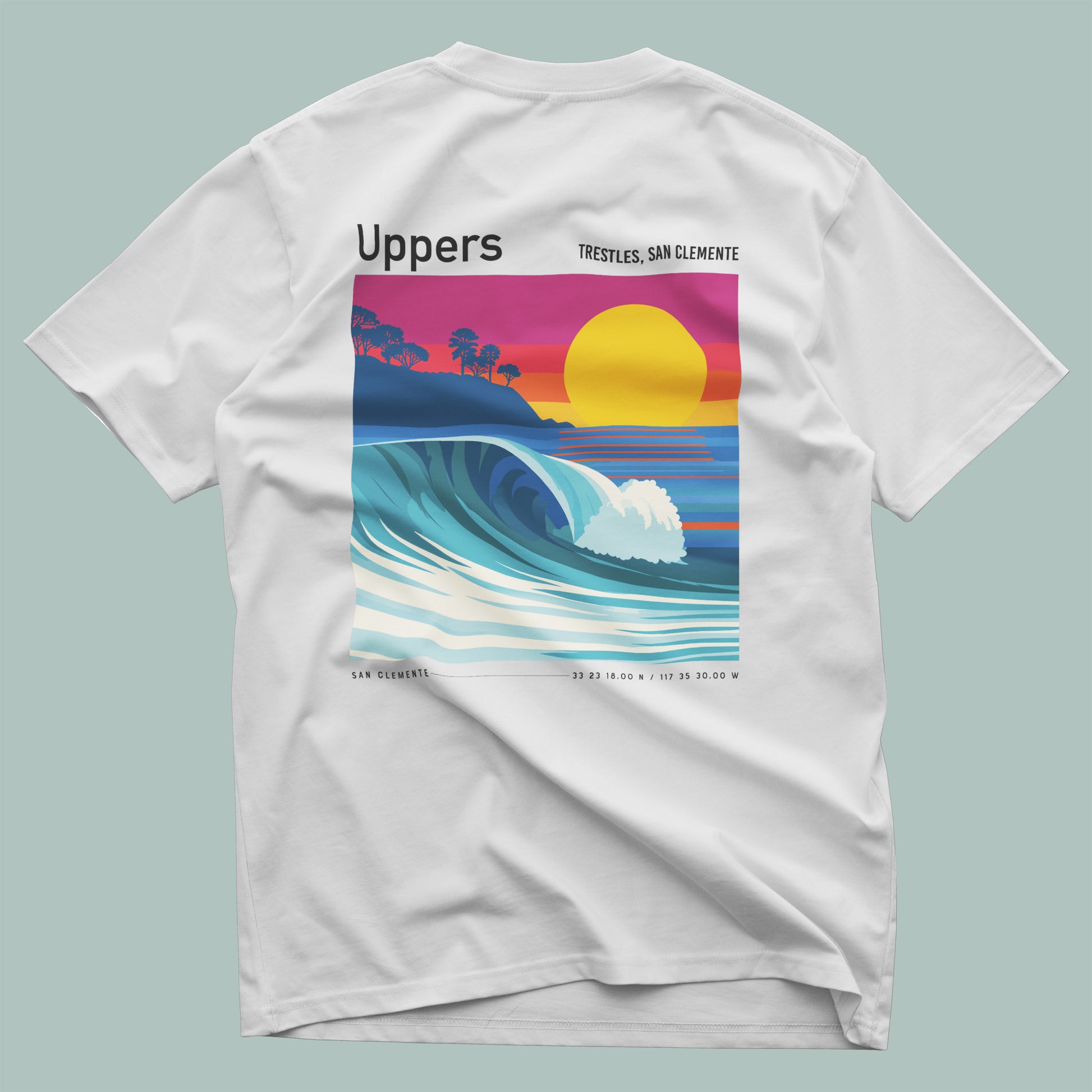 Uppers, Trestles Surf T-Shirt | Southern California Wave Art Tee — design printed on the back of the t-shirt